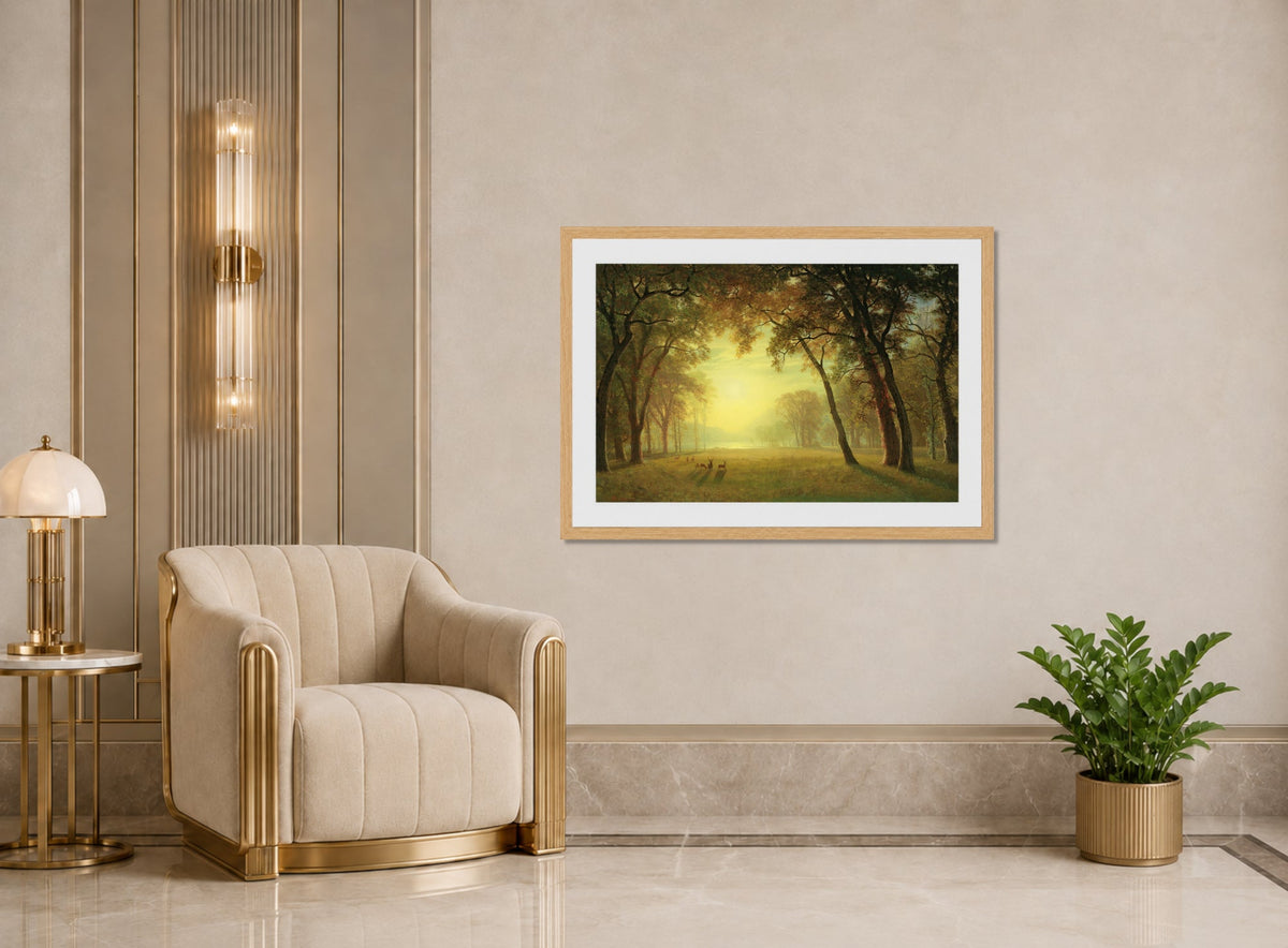 Albert Bierstadt Print, Deer in a clearing, yosemite displayed in an Art Deco interior