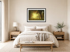 Albert Bierstadt Print, Deer in a clearing, yosemite displayed above a bed