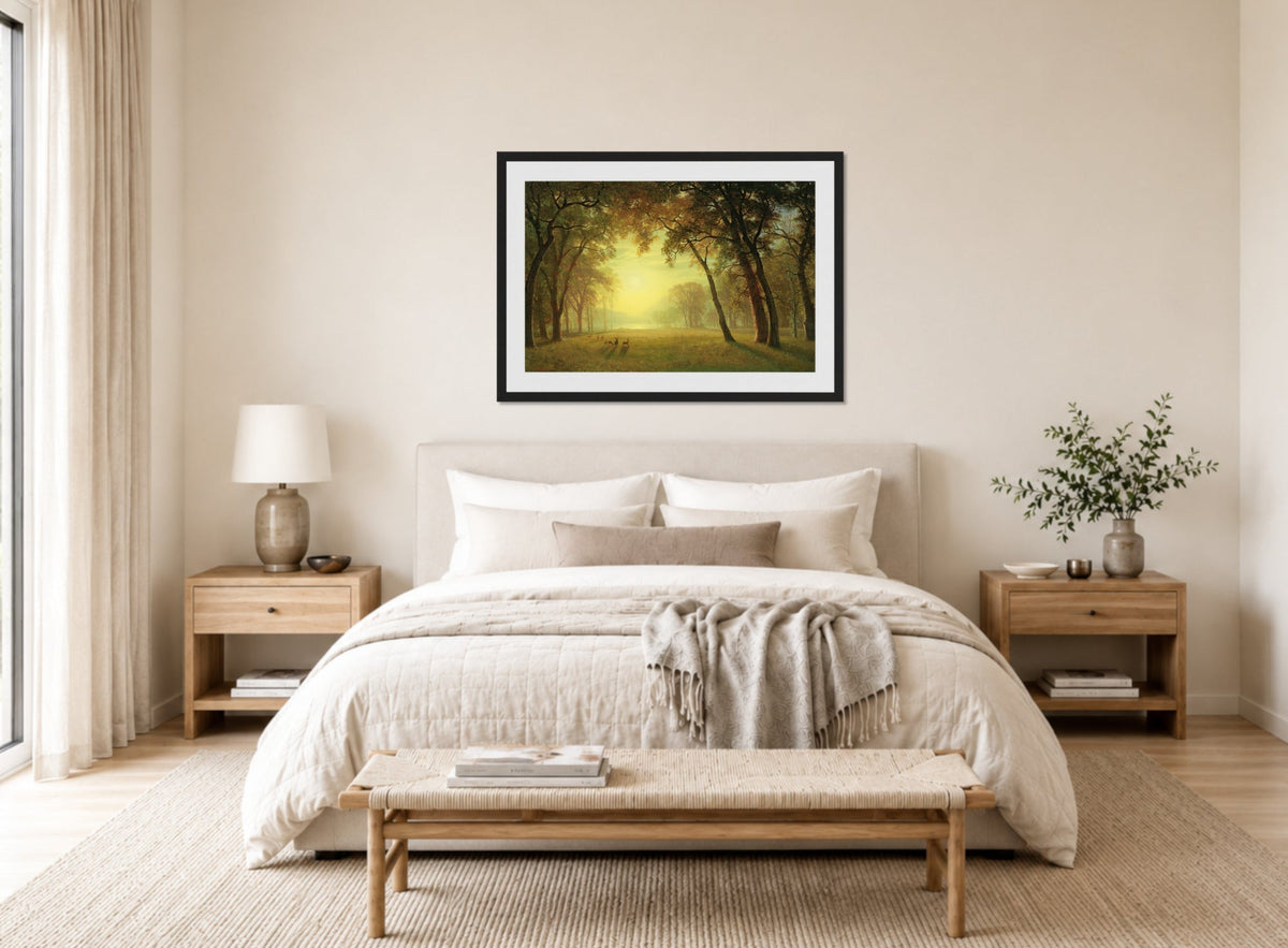 Albert Bierstadt Print, Deer in a clearing, yosemite displayed above a bed