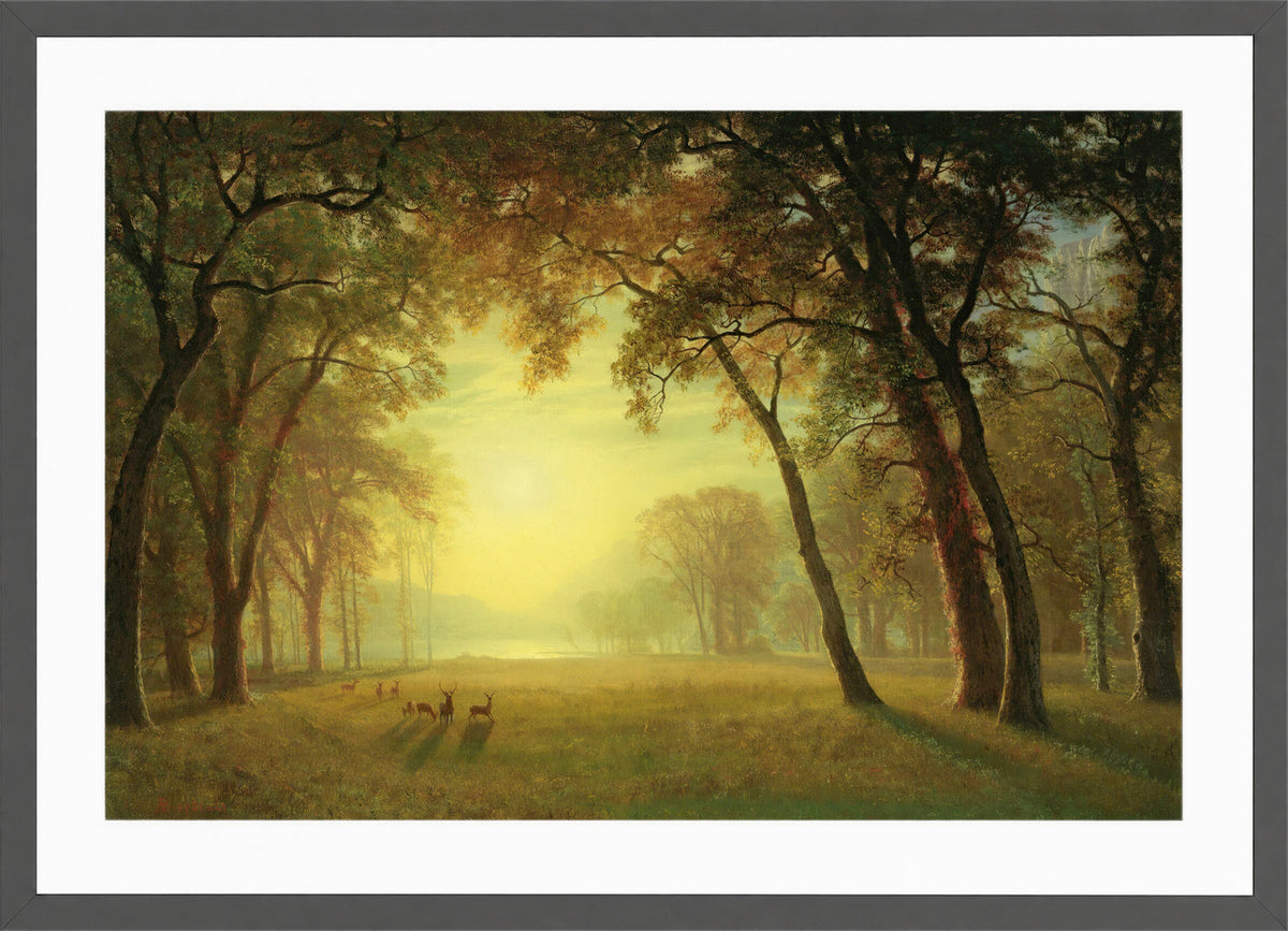 Albert Bierstadt Print, Deer in a clearing, yosemite in a dark grey frame