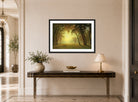 Albert Bierstadt Print, Deer in a clearing, yosemite displayed above a console table