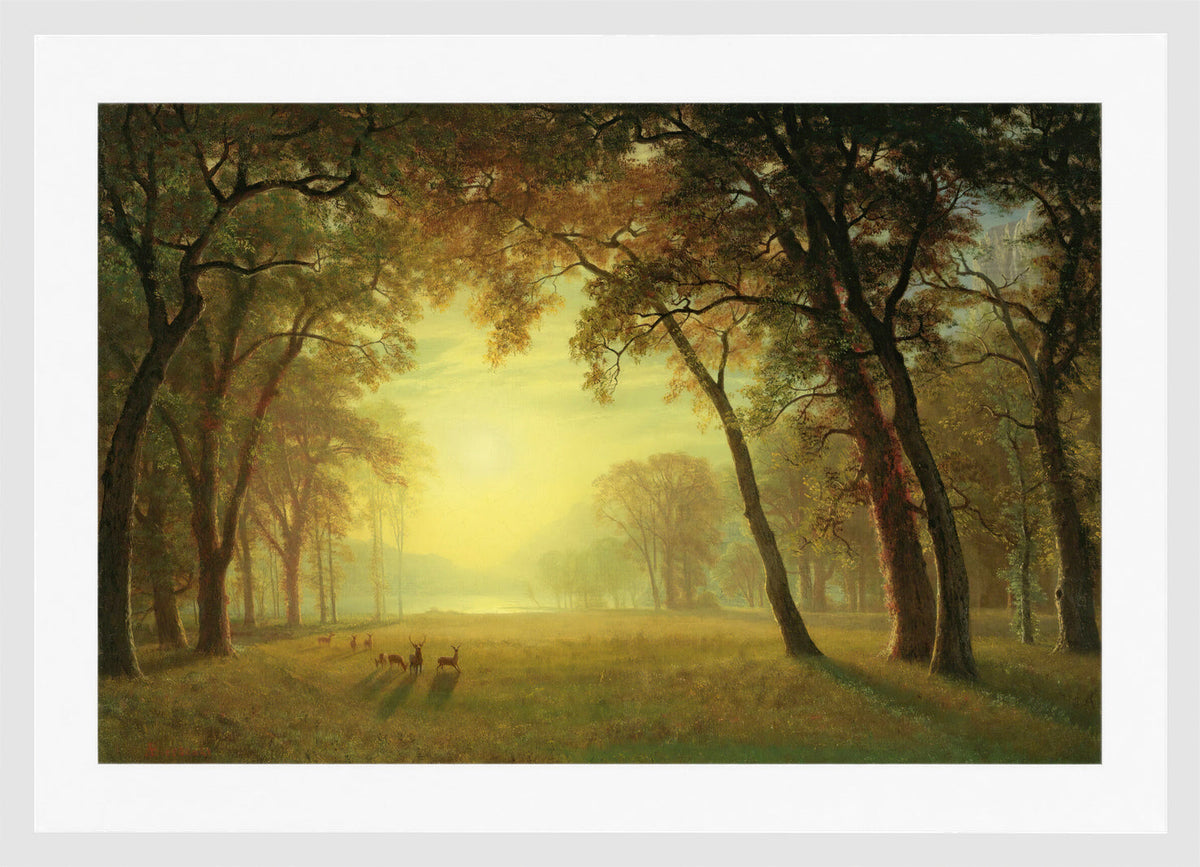 Albert Bierstadt Print, Deer in a clearing, yosemite in a white frame