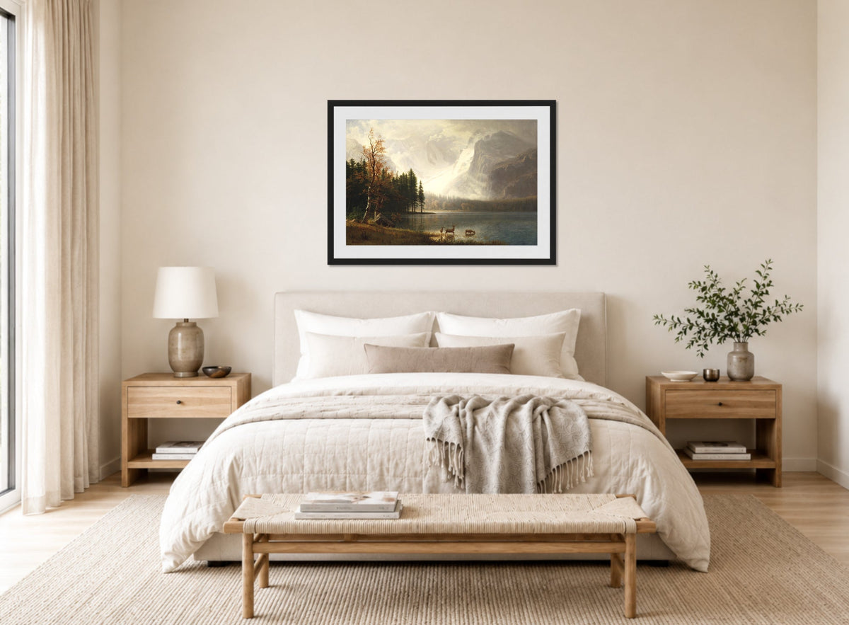 Albert Bierstadt Print, Estes Park, Colorado, Whyte’s Lake (circa 1877) displayed above a bed