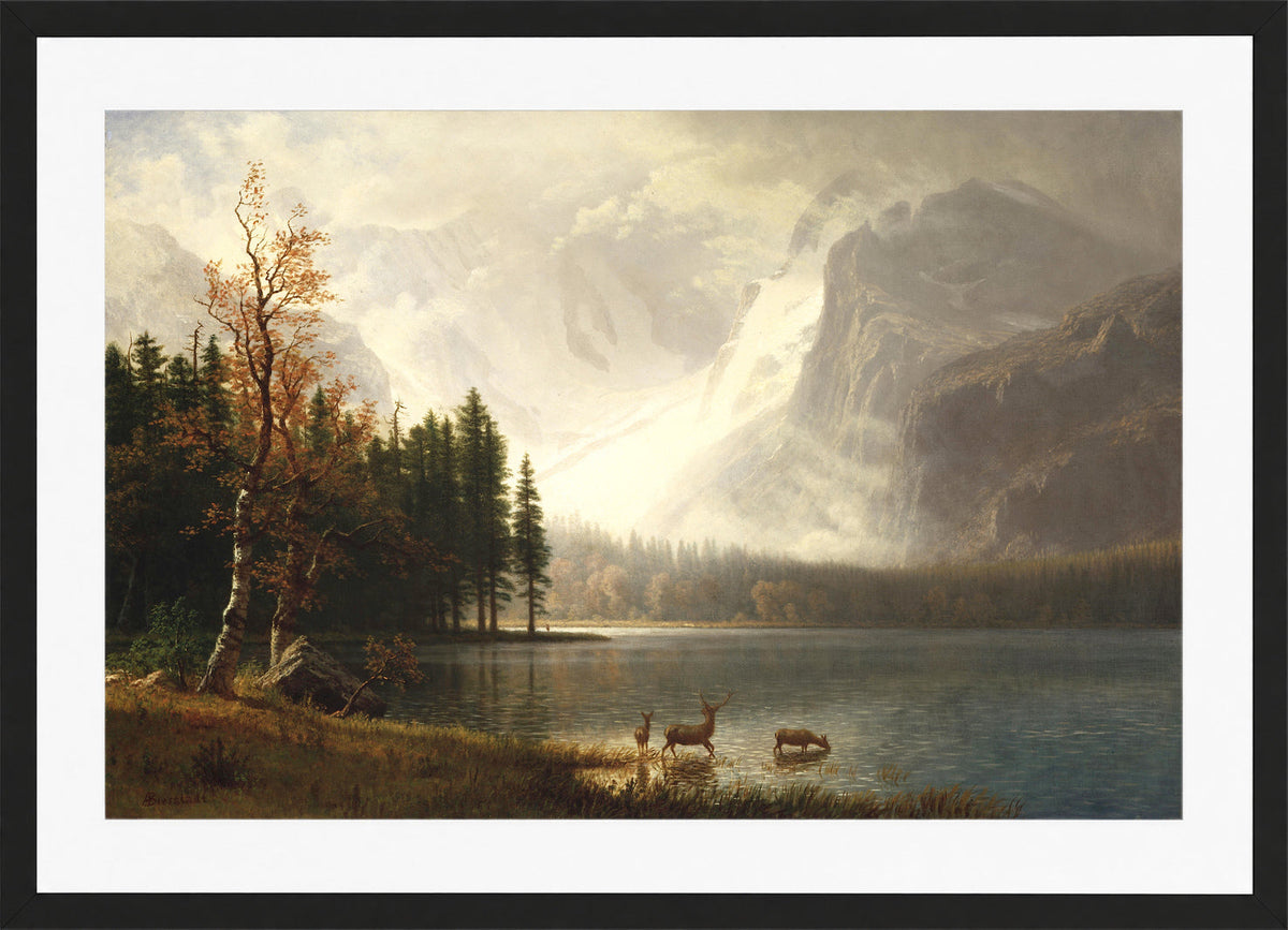 Albert Bierstadt Print, Estes Park, Colorado, Whyte’s Lake (circa 1877) in a black frame