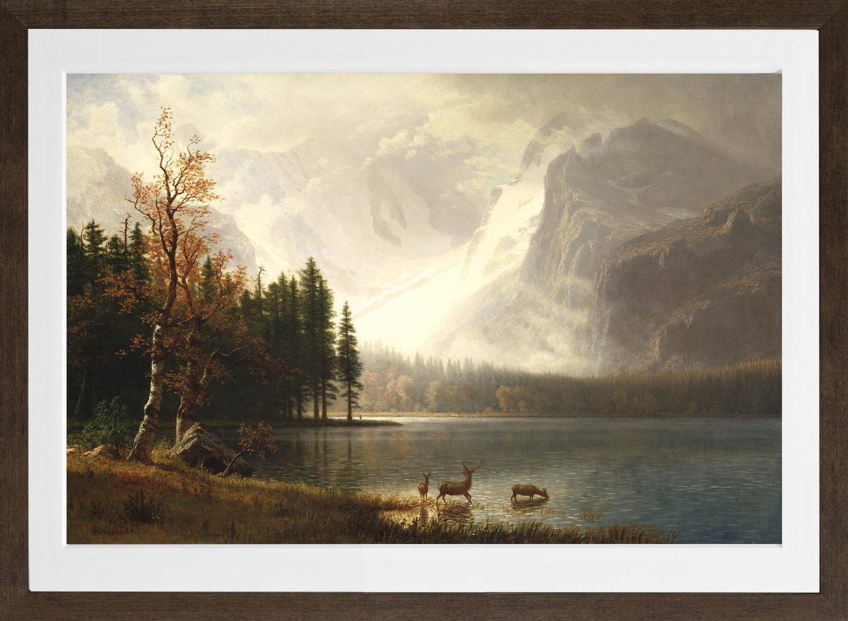 Albert Bierstadt Print, Estes Park, Colorado, Whyte’s Lake (circa 1877) in a brown frame