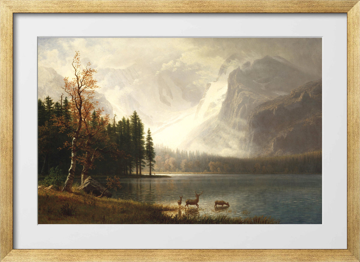 Albert Bierstadt Print, Estes Park, Colorado, Whyte’s Lake (circa 1877) in a gold frame