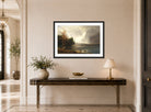 Albert Bierstadt Print, Estes Park, Colorado, Whyte’s Lake (circa 1877) displayed above a console table