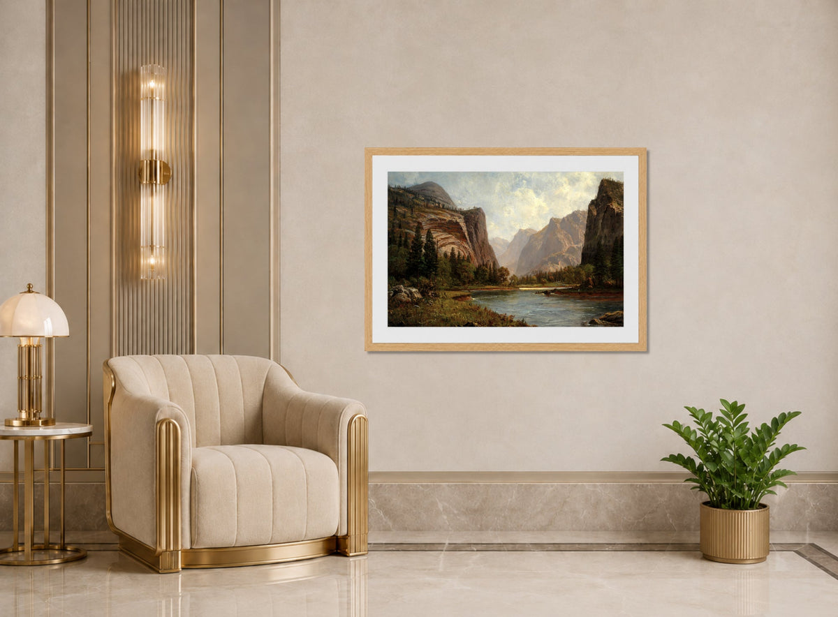 Albert Bierstadt Print, Gates of the Yosemite (ca. 1882) displayed in an Art Deco interior