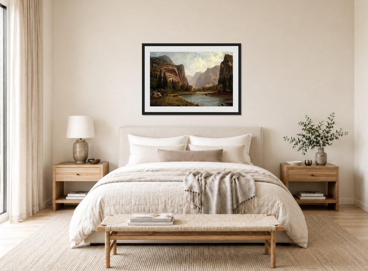 Albert Bierstadt Print, Gates of the Yosemite (ca. 1882) displayed above a bed