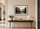 Albert Bierstadt Print, Gates of the Yosemite (ca. 1882) displayed above a console table