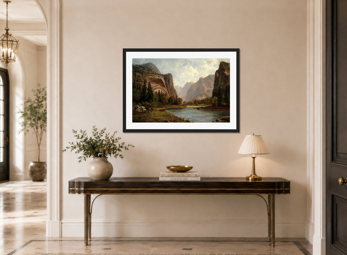 Albert Bierstadt Print, Gates of the Yosemite (ca. 1882) displayed above a console table