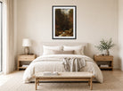Albert Bierstadt Print, Glen Ellis Falls displayed above a bed