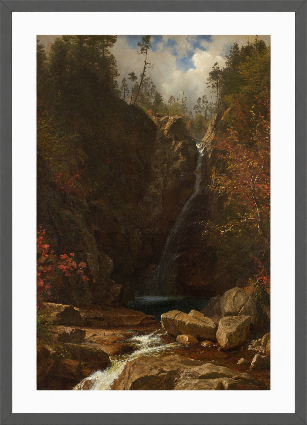 Albert Bierstadt Print, Glen Ellis Falls in a dark grey frame