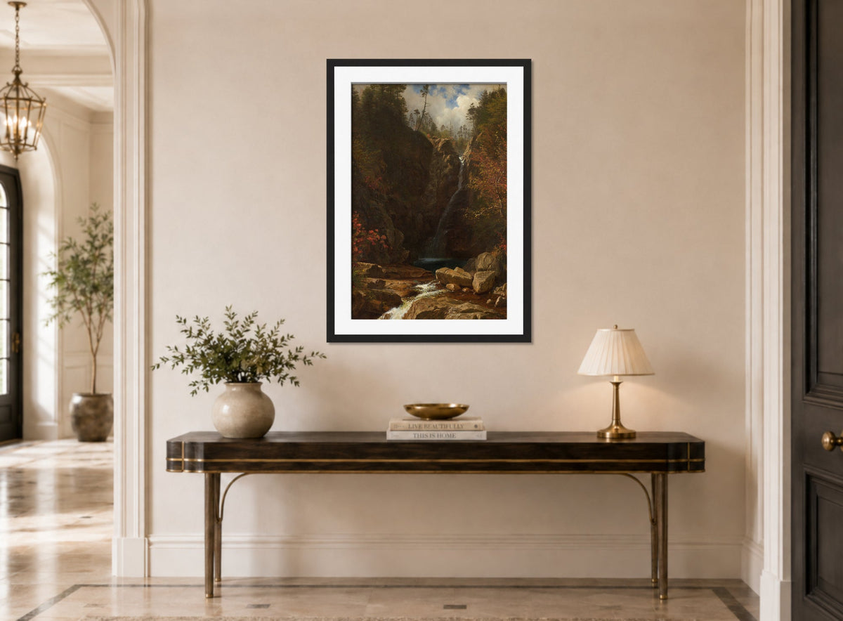 Albert Bierstadt Print, Glen Ellis Falls displayed above a console table