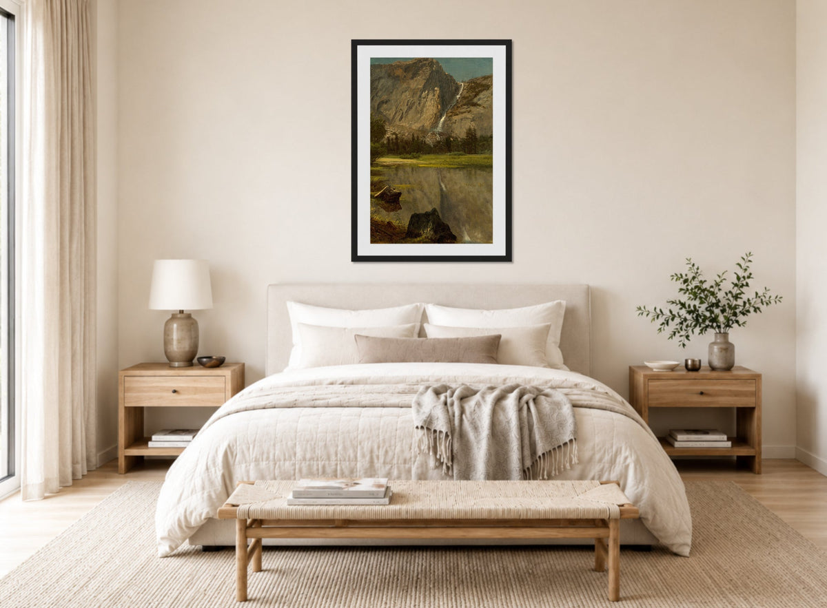 Albert Bierstadt Print, Hetch Hetchy Falls,California displayed above a bed