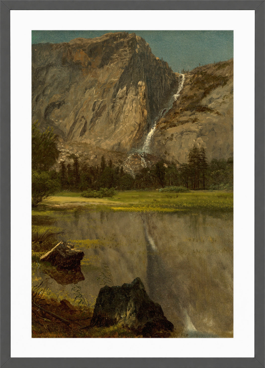 Albert Bierstadt Print, Hetch Hetchy Falls,California in a dark grey frame