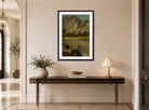 Albert Bierstadt Print, Hetch Hetchy Falls,California displayed above a console table