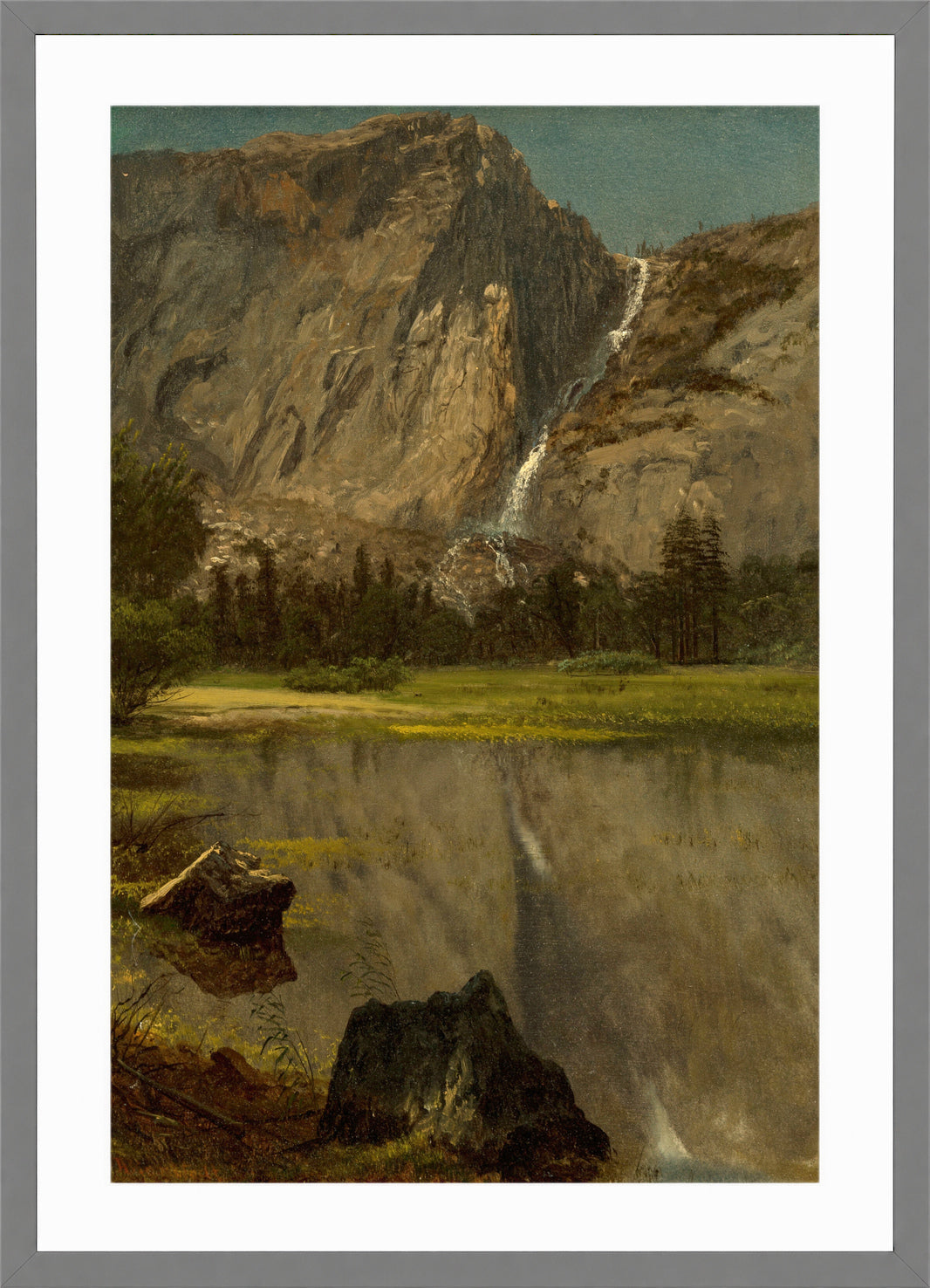 Albert Bierstadt Print, Hetch Hetchy Falls,California in a light grey frame