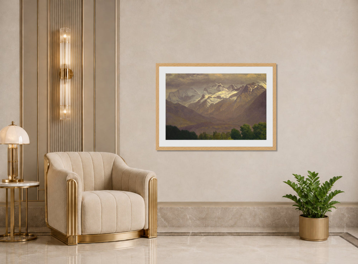 Albert Bierstadt Print, In the High Mountains displayed in an Art Deco interior