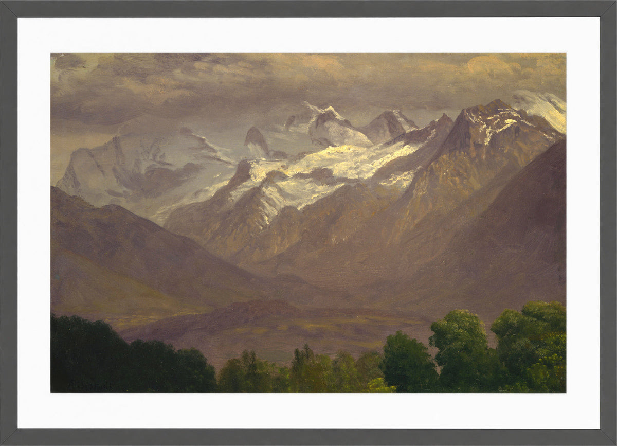 Albert Bierstadt Print, In the High Mountains in a dark grey frame