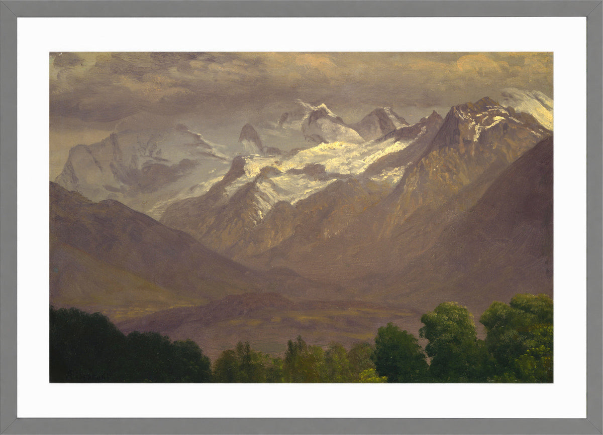 Albert Bierstadt Print, In the High Mountains in a light grey frame
