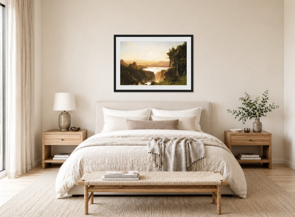 Albert Bierstadt Print, Island Lake, Wind River Range, Wyoming (1861) displayed above a bed