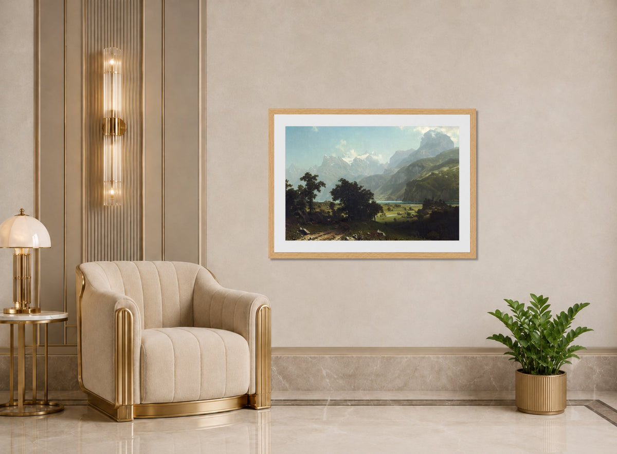 Albert Bierstadt Print, Lake Lucerne displayed in an Art Deco interior
