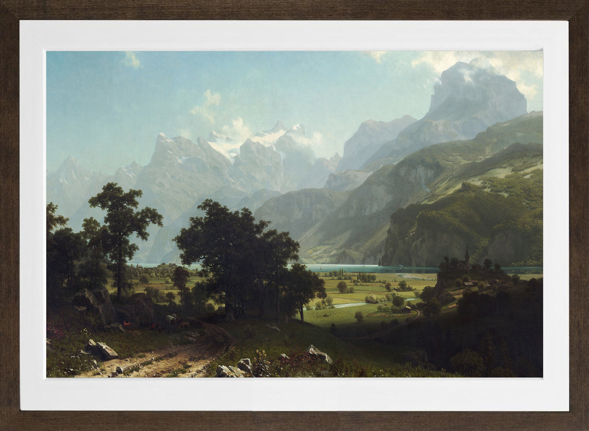 Albert Bierstadt Print, Lake Lucerne in a brown frame
