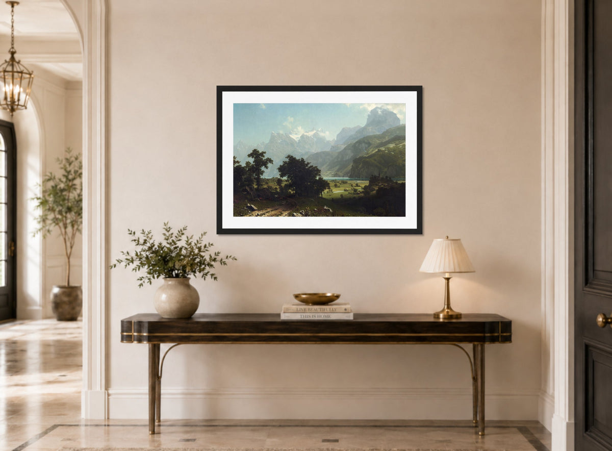 Albert Bierstadt Print, Lake Lucerne displayed above a console table