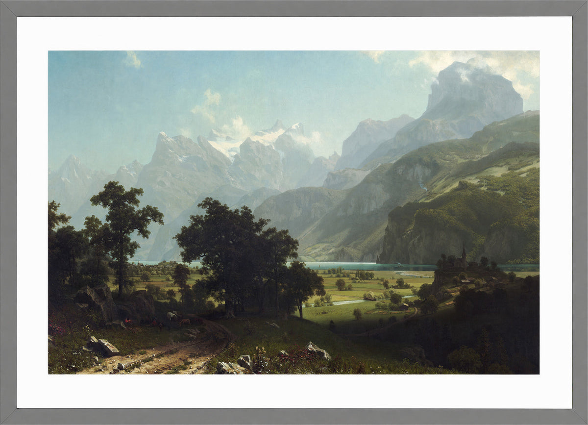 Albert Bierstadt Print, Lake Lucerne in a light grey frame