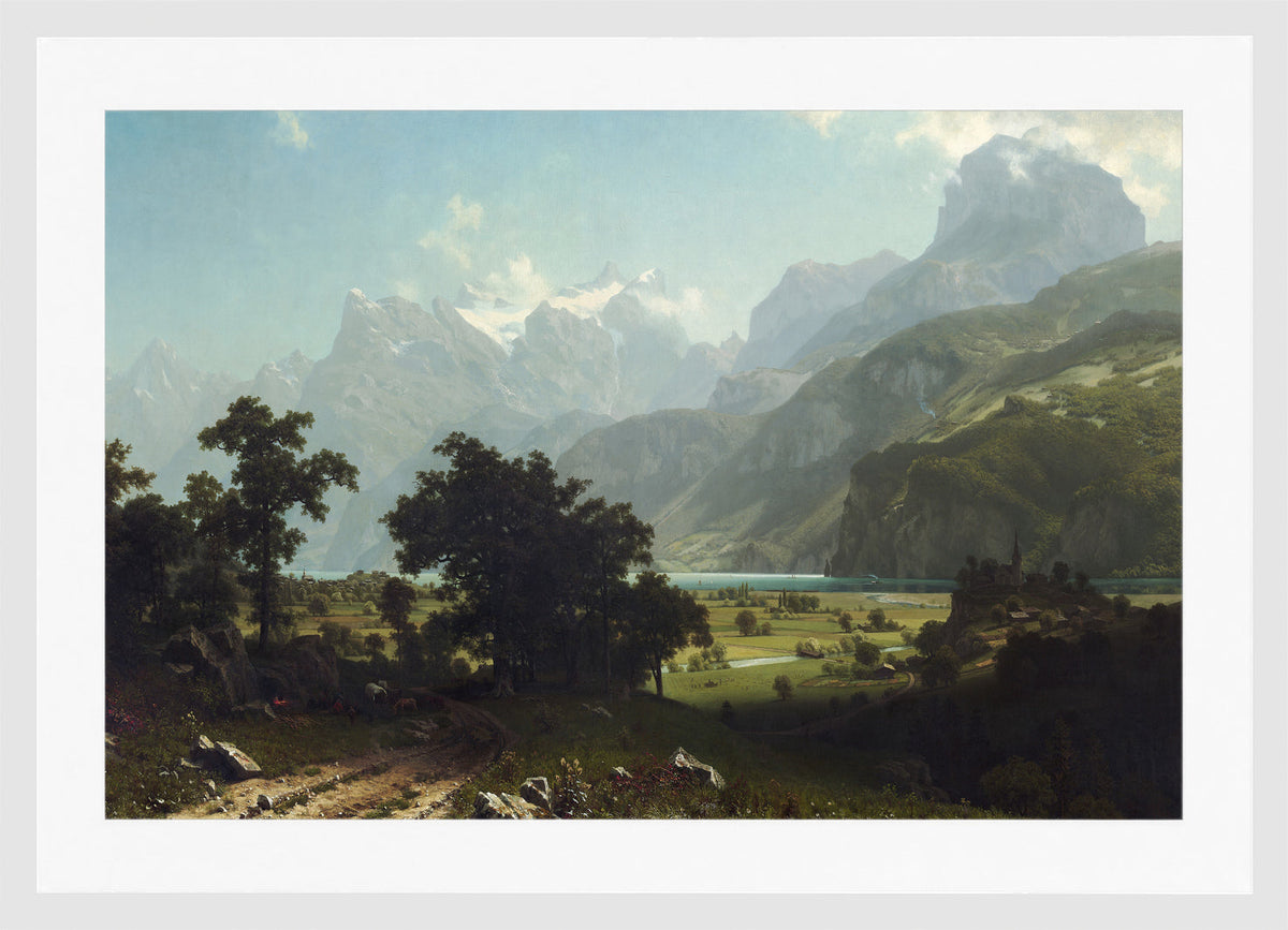 Albert Bierstadt Print, Lake Lucerne in a white frame