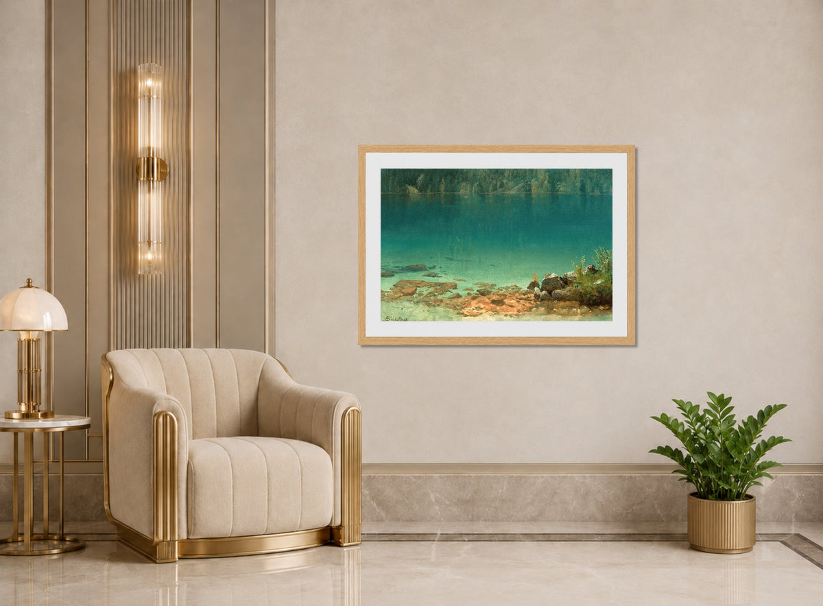 Albert Bierstadt Print, Lake Scene displayed in an Art Deco interior