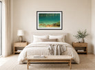 Albert Bierstadt Print, Lake Scene displayed above a bed