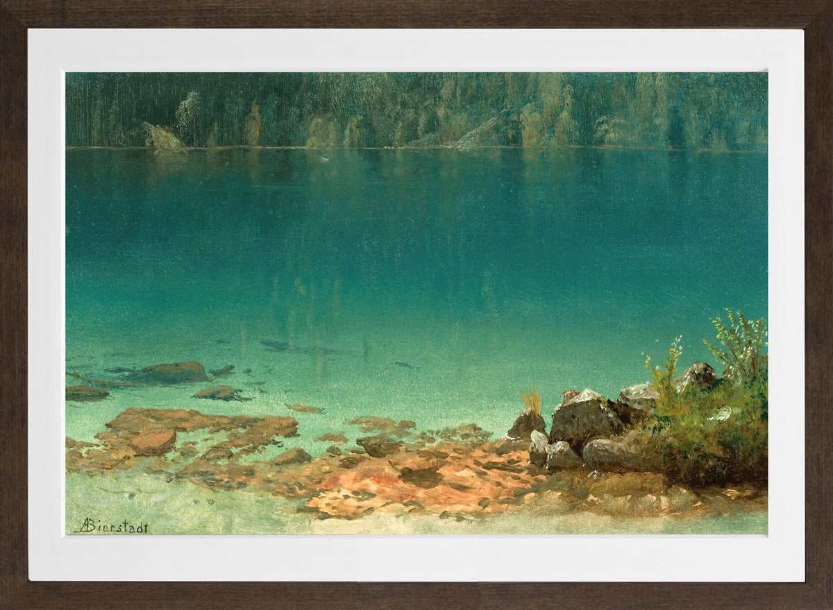 Albert Bierstadt Print, Lake Scene in a brown frame