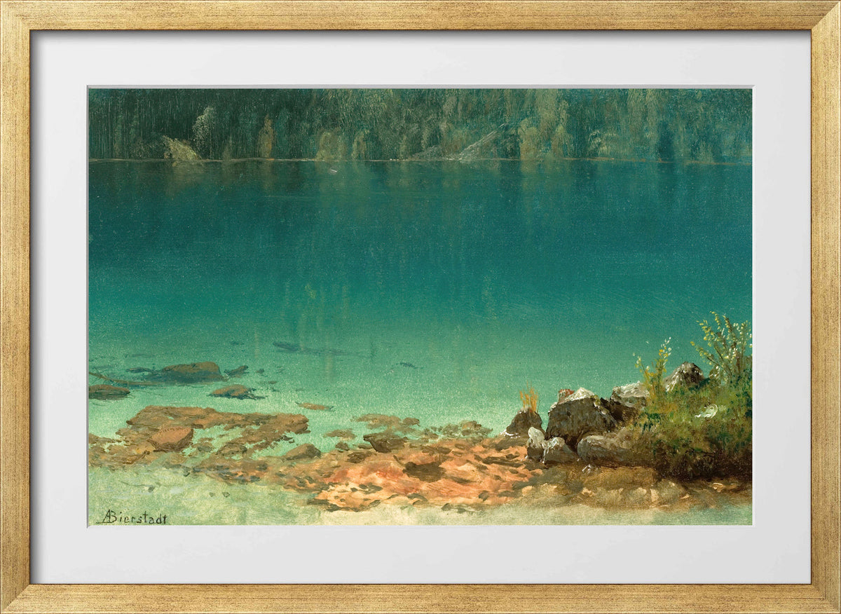 Albert Bierstadt Print, Lake Scene in a gold frame