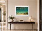 Albert Bierstadt Print, Lake Scene displayed above a console table