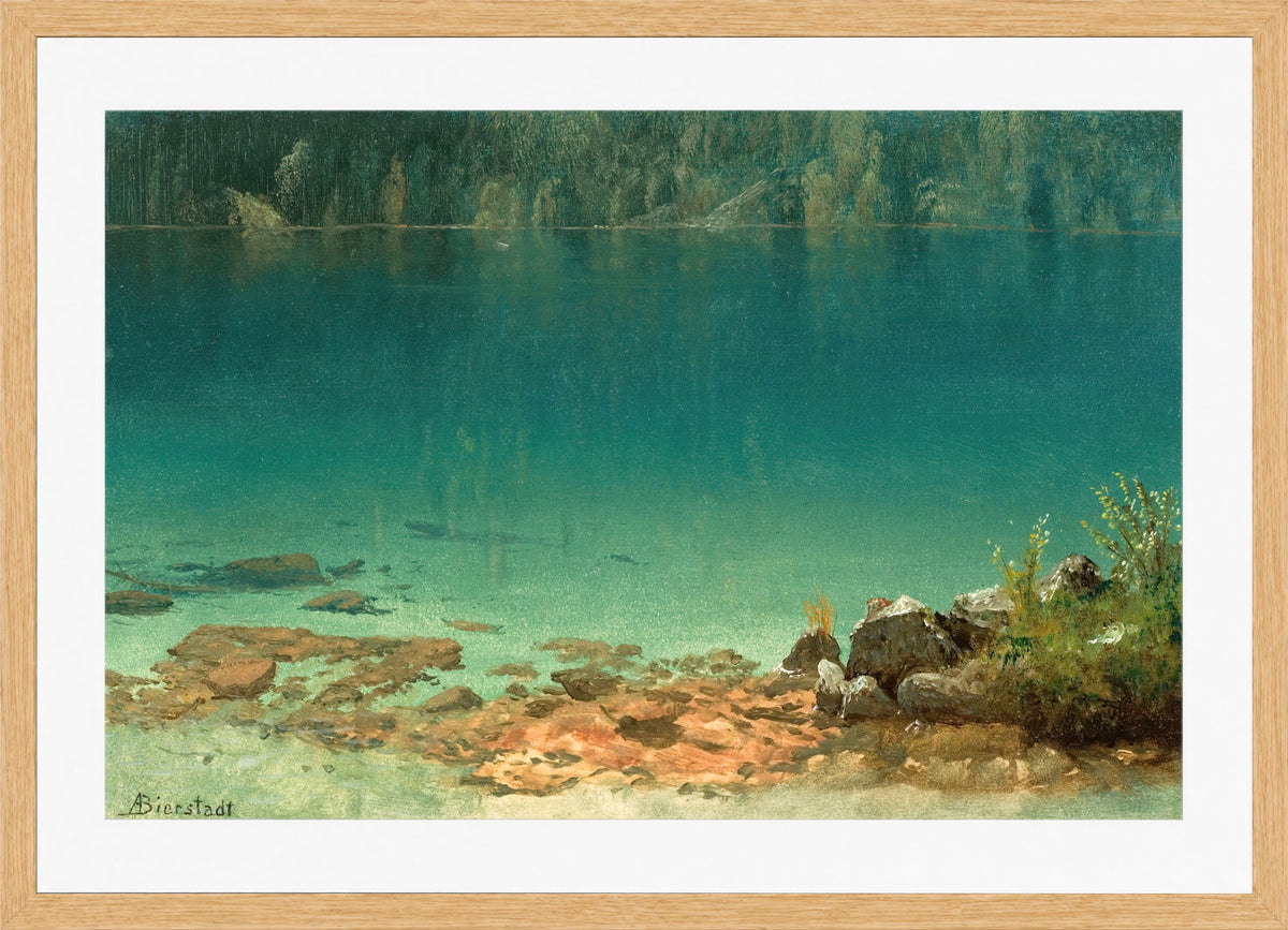 Albert Bierstadt Print, Lake Scene in an oak frame