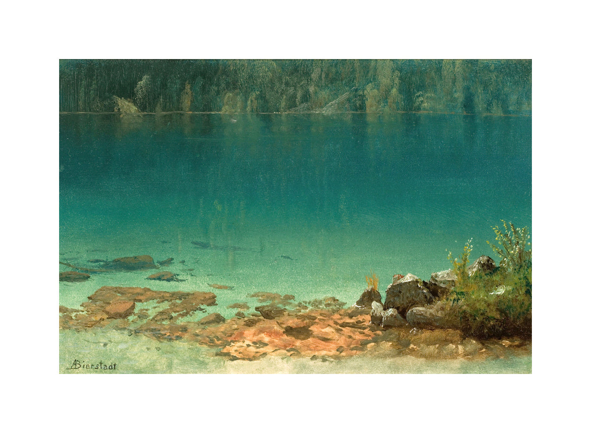 Albert Bierstadt Print, Lake Scene with a white border for rolled canvas