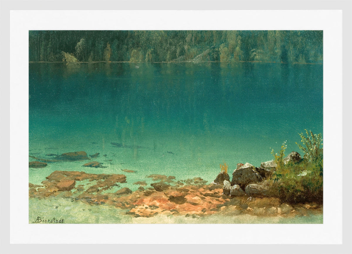 Albert Bierstadt Print, Lake Scene in a white frame