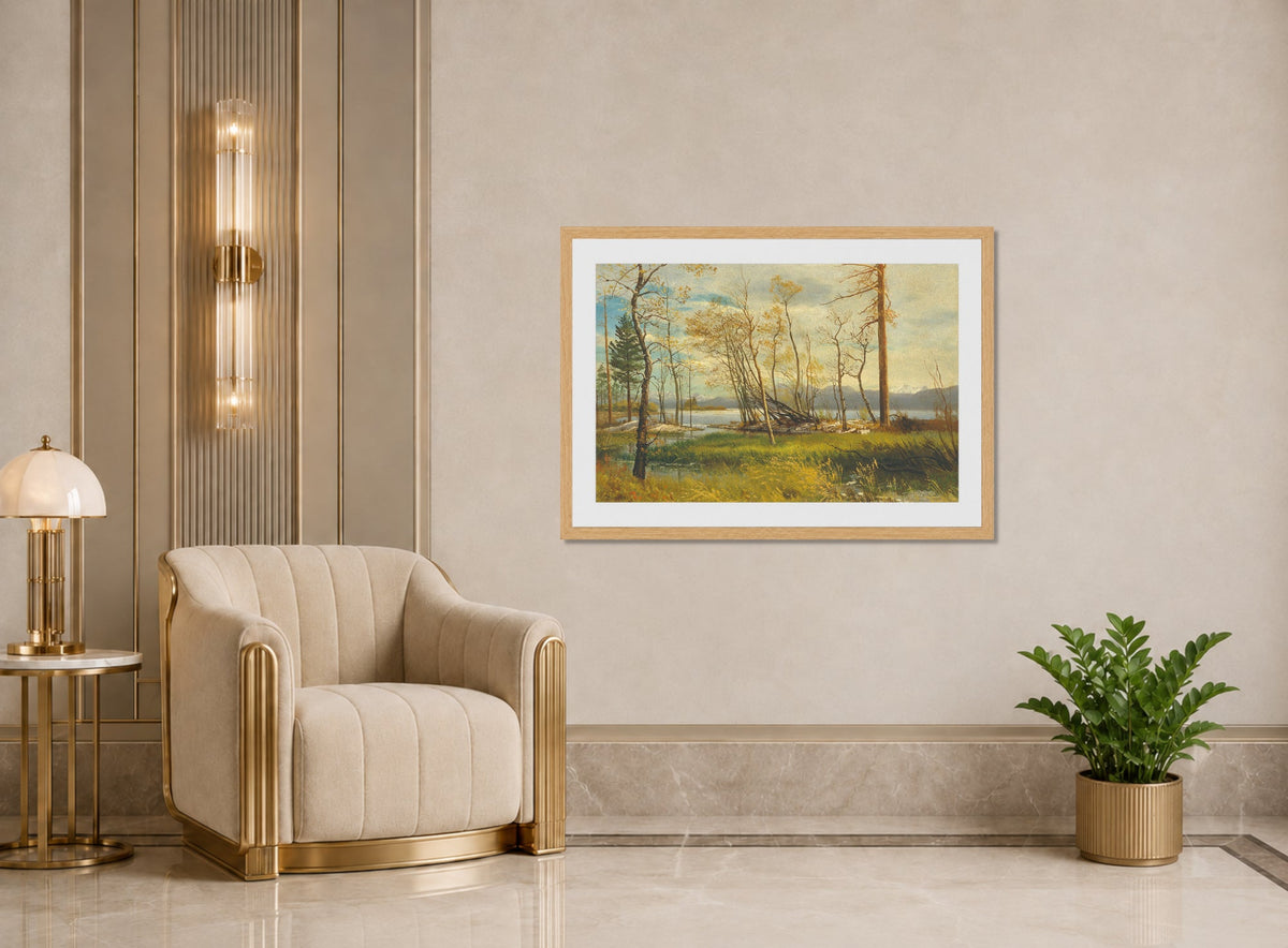 Albert Bierstadt Print, Lake Tahoe (1872) displayed in an Art Deco interior