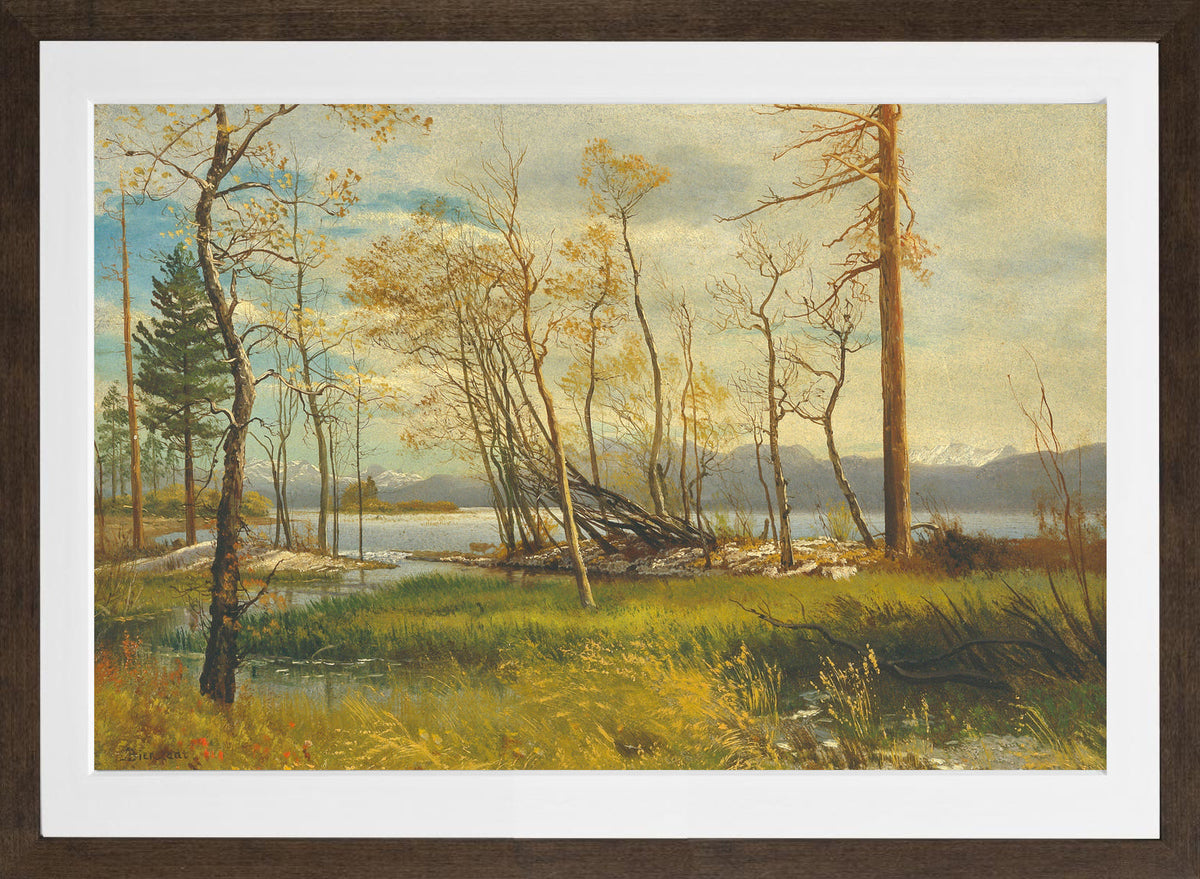 Albert Bierstadt Print, Lake Tahoe (1872) in a brown frame