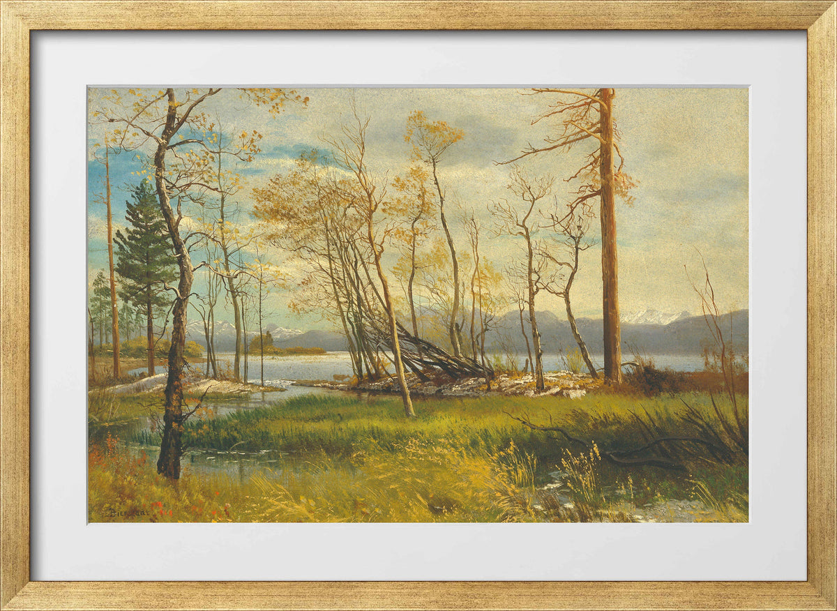 Albert Bierstadt Print, Lake Tahoe (1872) in a gold frame