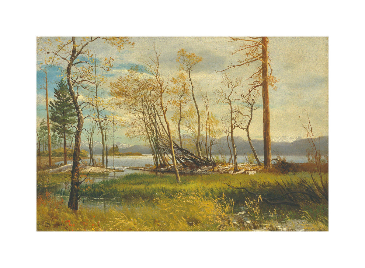 Albert Bierstadt Print, Lake Tahoe (1872) with a white border for rolled canvas