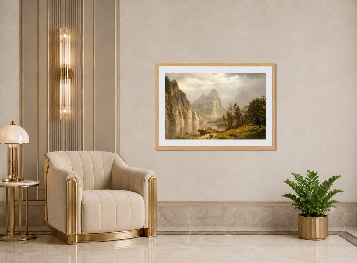 Albert Bierstadt Print, Merced River, Yosemite Valley displayed in an Art Deco interior
