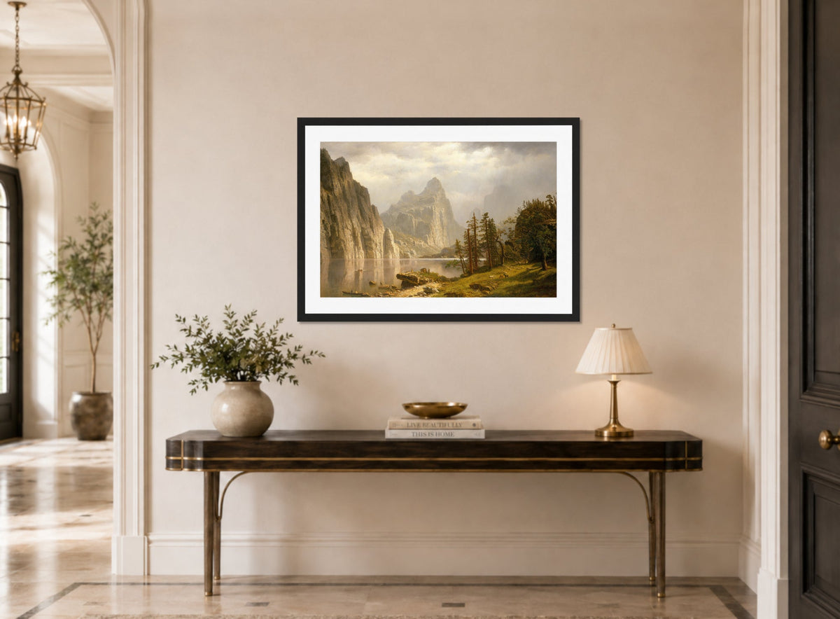 Albert Bierstadt Print, Merced River, Yosemite Valley displayed above a console table