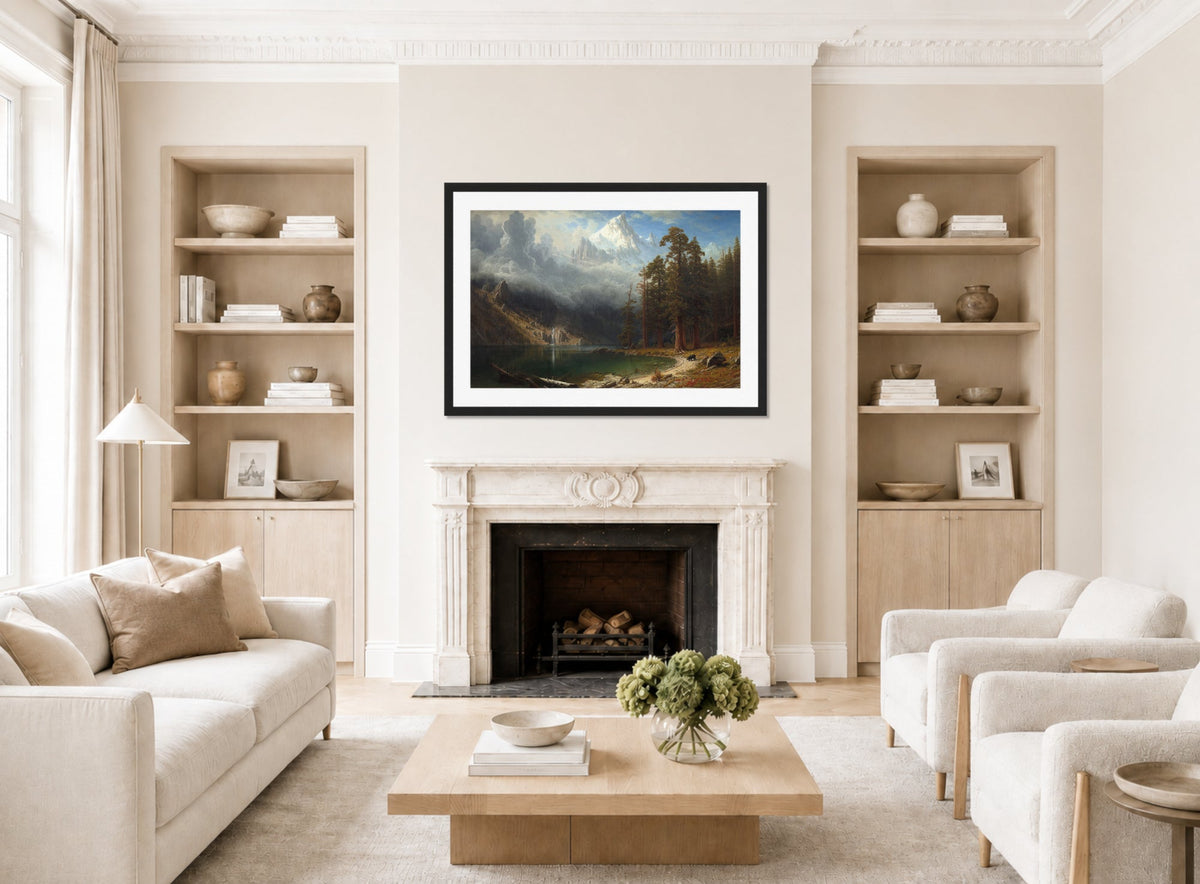 Albert Bierstadt Print, Mount Corcoran displayed in a Scandinavian living room