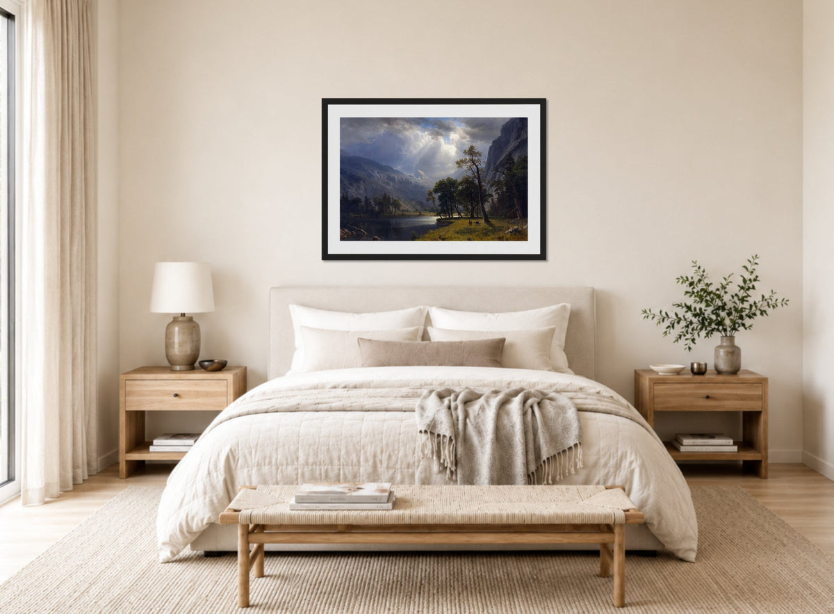 Albert Bierstadt Print, Mount Starr King, Yosemite displayed above a bed