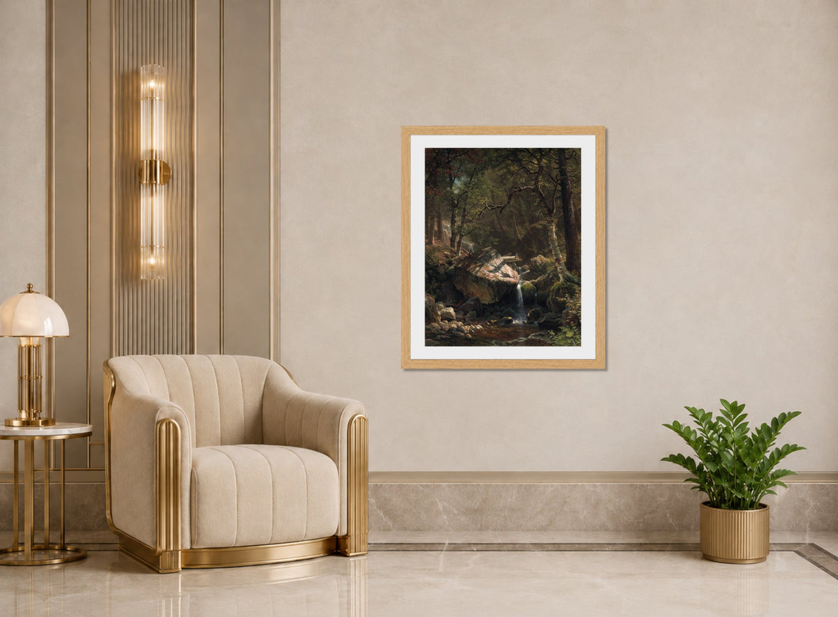 Albert Bierstadt Print, Mountain Brook displayed in an Art Deco interior