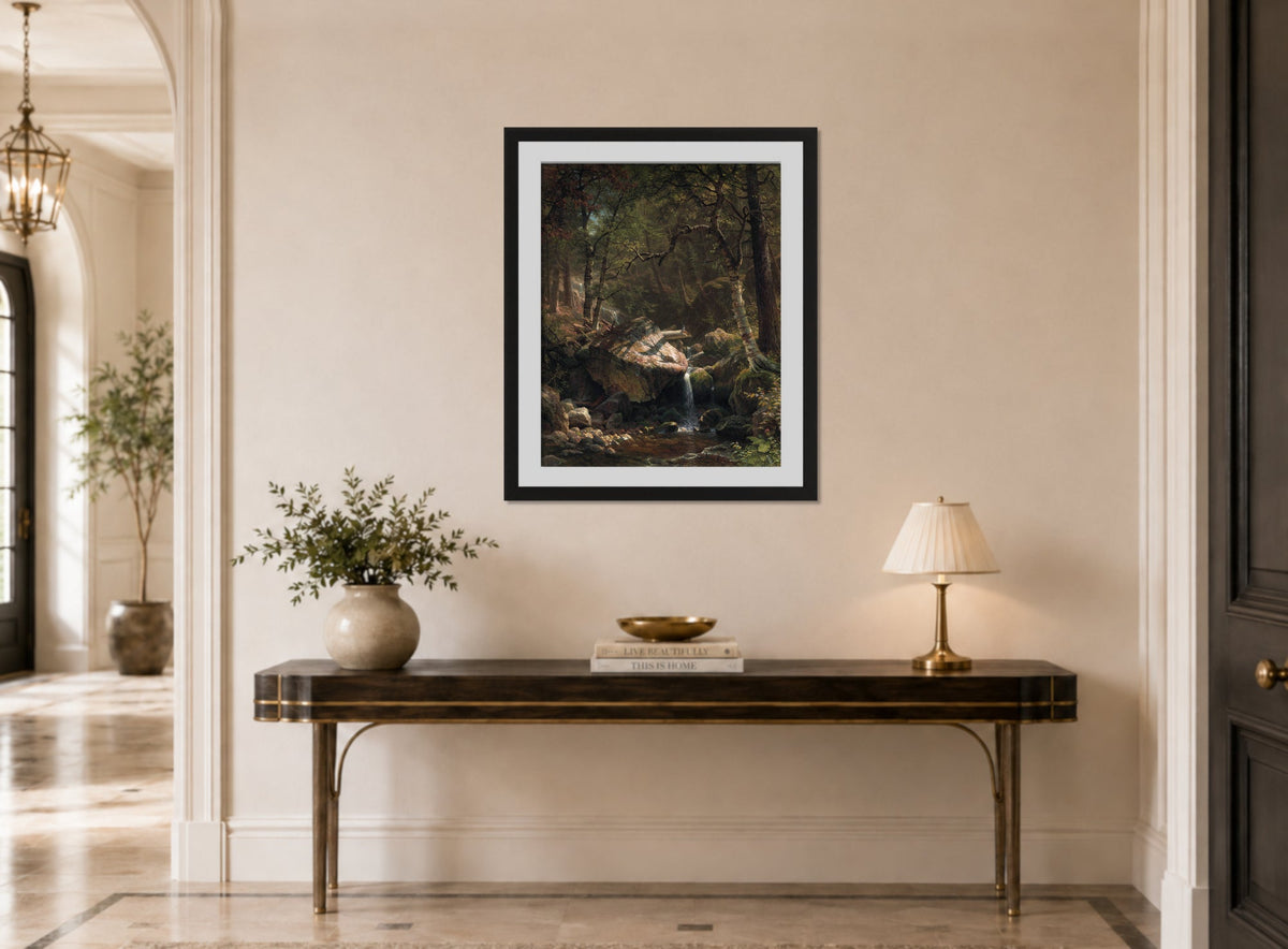 Albert Bierstadt Print, Mountain Brook displayed above a console table