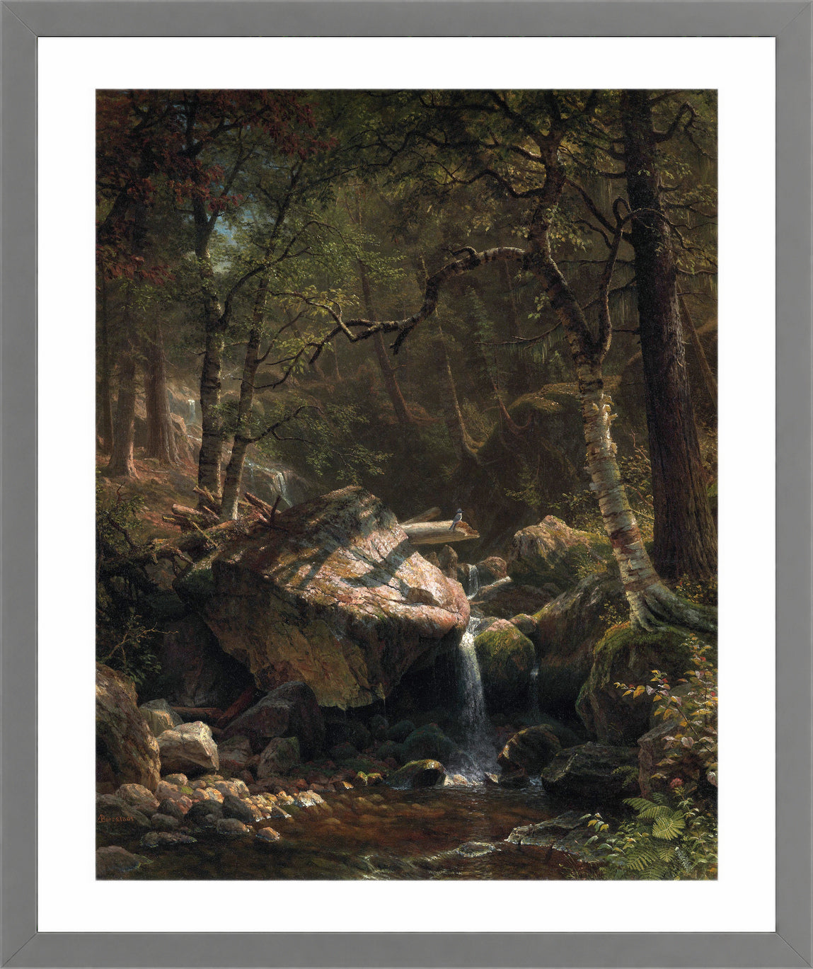 Albert Bierstadt Print, Mountain Brook in a light grey frame